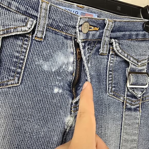 Vintage Apollo Jeans 5/6 Pinstripe Buckle Pockets Blue Mid Rise Y2K Distressed - Picture 4 of 16